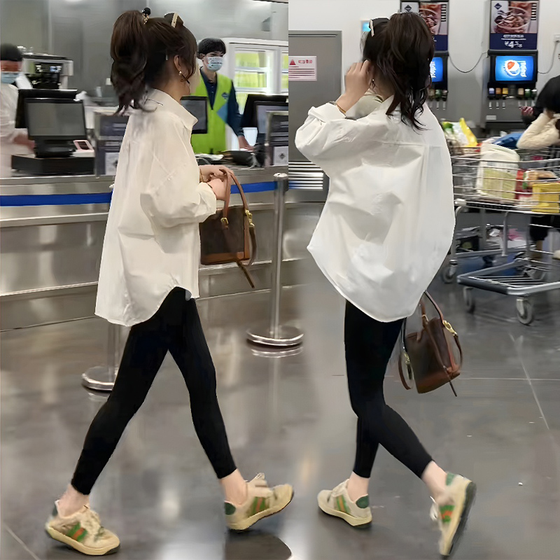 宽松中长款衬衣白色衬衫鲨鱼裤子