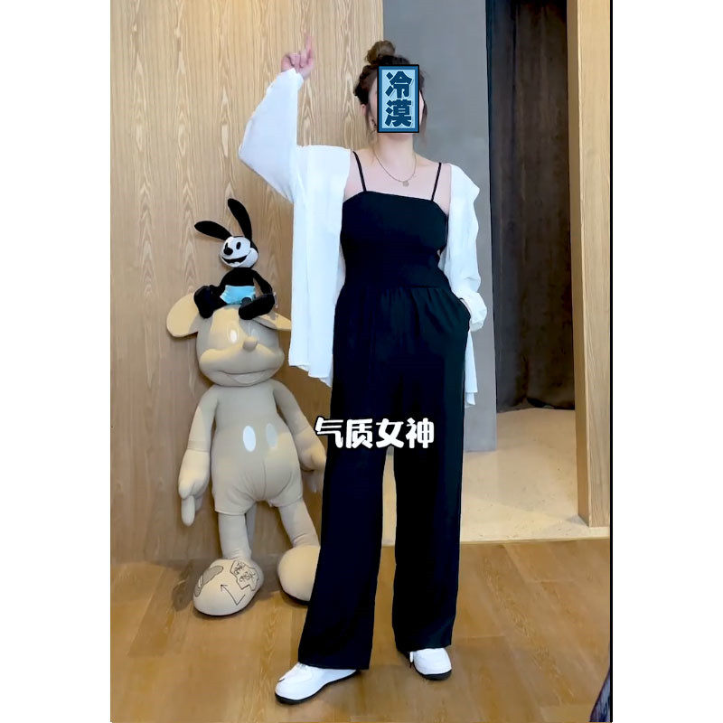 大码微胖mm时尚遮肉显瘦两件套装黑色吊带抹胸连体裤子夏防晒开衫