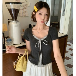 显瘦上衣小衫 夏季 微胖mm正肩修身 设计感假两件花边领短袖 T恤大码