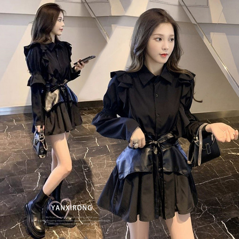 衬衫领设计感小众别致赫本小黑裙