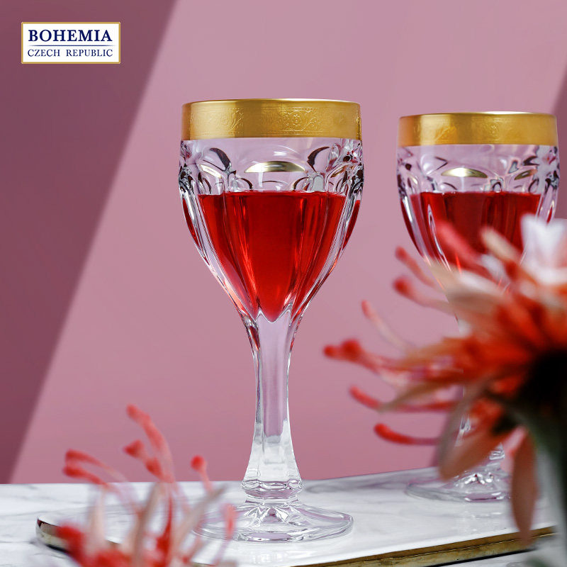 BOHEMIA 捷克进口水晶玻璃 仙女散花 哑光金高脚杯红酒杯轻奢送礼