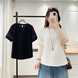 款 胖mm200斤夏季 拼接短袖 T恤宽松爆款 上衣 加肥加大码 洋气时尚 女装