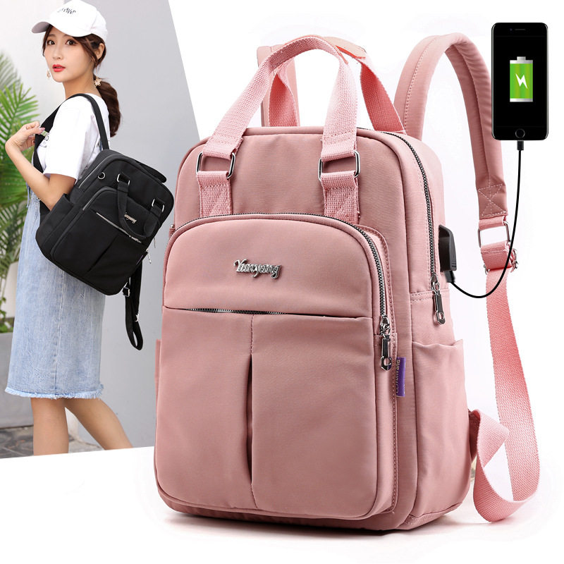 新款休闲双肩包女士USB充电背包电脑包大容量学院风旅游背包bags