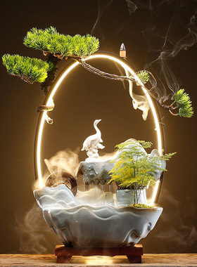 新中式招财流水假山喷泉陶瓷摆件创意风水车发光家居客厅桌面