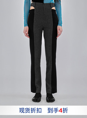 【OUDE WAAG】hug经典款灰黑色修身长款人字纹羊毛拼接喇叭长裤
