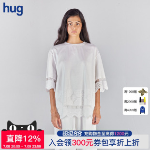 ICE 純色八分袖 DUST 2025春夏新款 棉布繡花拼接T恤 hug
