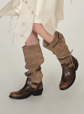 【ICE DUST】hug 2025游牧风擦色褶皱长靴堆堆中筒靴子女icedust