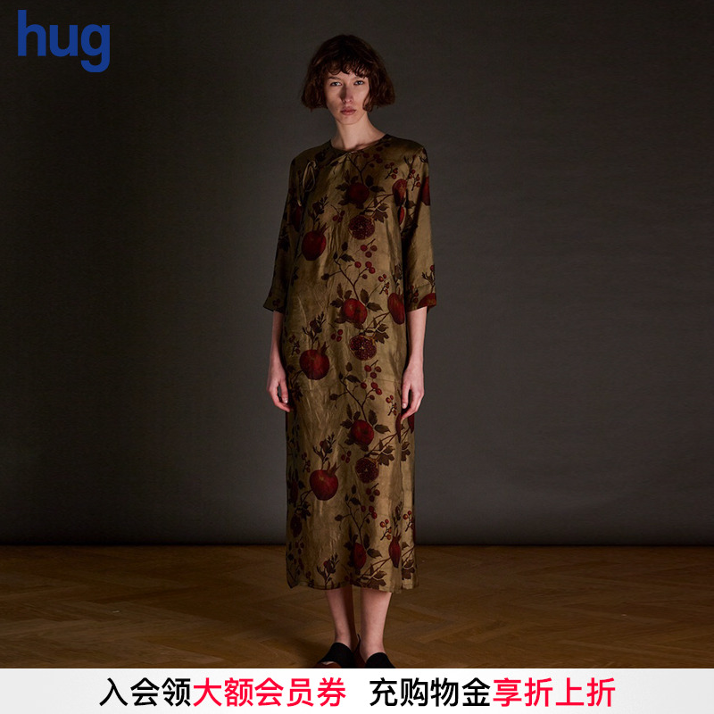 UMAWANG复古石榴印花长袖连衣裙