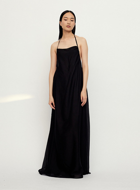 【RUOHAN】hug 2025早春新款纯色黑色真丝雪纺挂脖吊带连衣裙