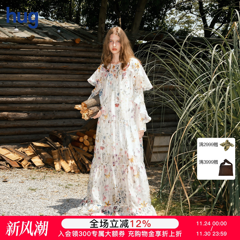 【PANNPANN】hug 2025秋冬Floral花园印花超长连衣裙素底碎花纹色