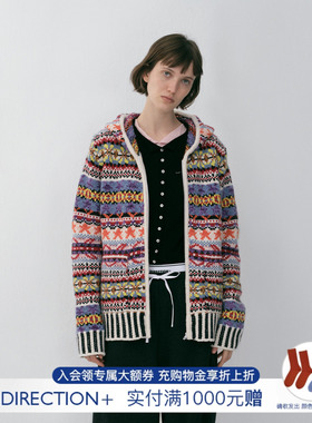 【NO DIRECTION+】hug2025冬新费尔岛绵羊毛外套提花连帽针织开衫