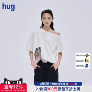 2025新白色斜开肩小猫印花短袖 张元 hug MARKGONG T恤 英同款