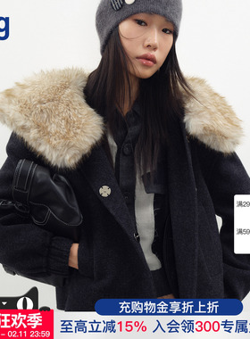 【JUNWEILIN】hug 2025秋冬新款深灰羊毛双面尼拼环保夹克上衣