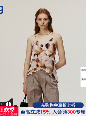 【AETNA PROJECT】hug 2025粉棕色晕染印花荷叶边吊带上衣