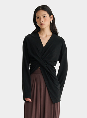 【deepmoss】hug 2025秋冬新款雾黑色不规则交叠落褶上衣