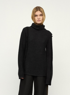 【RUOHAN】hug 2025秋冬新款IONA深灰色精纺羊绒针织高领镂空上衣