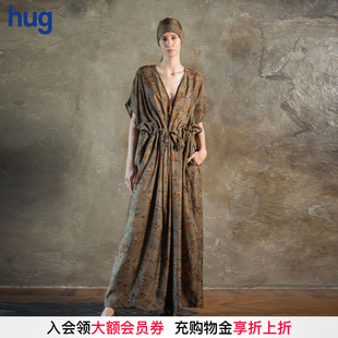2025早春新款 hug 碎花v領束腰連衣裙抽繩收腰長裙 UMAWANG