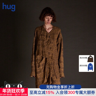 【UMAWANG】hug 2025秋冬新款复古格纹荷叶边长袖衬衫