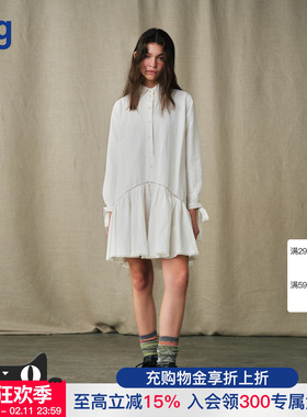 【MARCHEN】hug 2025秋冬新款纯色中长浮日白广场连衣裙