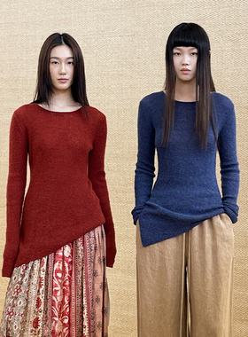 【INTO THE EAST】hug红色羊毛混纺上衣不对称打底毛衣针织衫