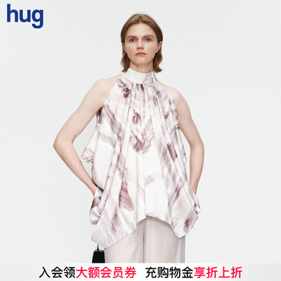 灰色浅紫麦穗印花挂脖垂褶上衣