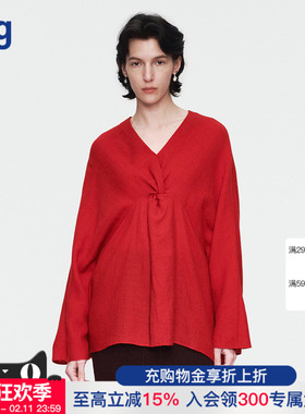 【AETNA PROJECT】hug 2025秋冬新款正红色纽结长袖上衣