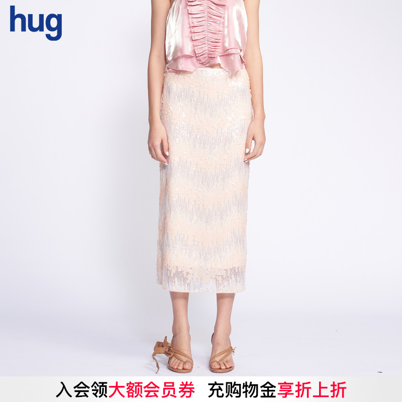 26早春新款米色烟花珠片半裙
