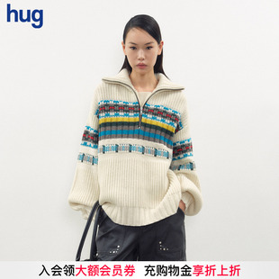 羊毛针织衫 hug特殊花型灰色毛织套头衫 JUNWEILIN 欧阳娜娜同款
