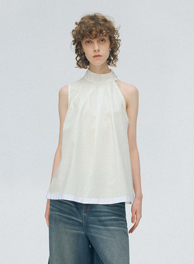 【JUNWEILIN】hug 2025白色立领不对称无袖挂脖上衣