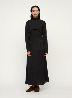 【RUOHAN】hug 2025秋冬新款GAYA深灰色精纺羊绒针织两件式连衣裙