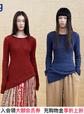 【INTO THE EAST】hug红色羊毛混纺上衣不对称打底毛衣针织衫