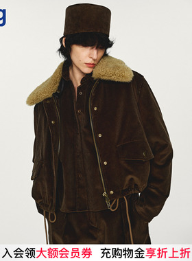 【INTO THE EAST】hug 2025秋冬新款深苔绿毛领两件套短夹克