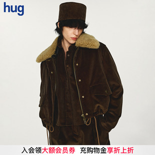 INTO 2025秋冬新款 THE hug 深苔绿毛领两件套短夹克 EAST