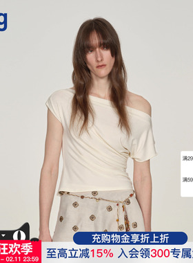 张婧仪同款【ICEDUST】hug 2025秋冬新款纯色斜肩褶皱T恤icedust