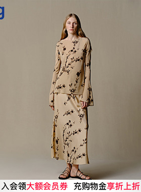 【INTO THE EAST】hug 2025民族真丝花影长袖上衣长半裙