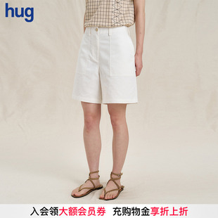 2025春夏新款 hug 純色休閑水洗棉麻帆布后腰橡筋短褲 WHM