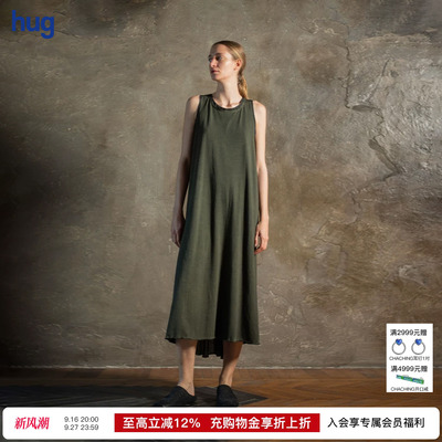 UMAWANG纯色棉质复古无袖连衣裙