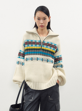 欧阳娜娜同款【JUNWEILIN】hug特殊花型灰色毛织套头衫羊毛针织衫