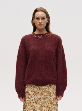 【ICE DUST】hug 2026早春新款珠片刺绣套头红色毛衣icedust