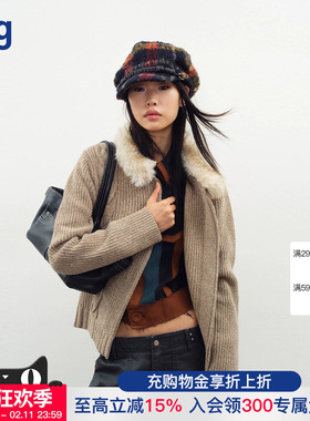 【JUNWEILIN】hug 2025秋冬新款杏色立体绞花拼毛开衫