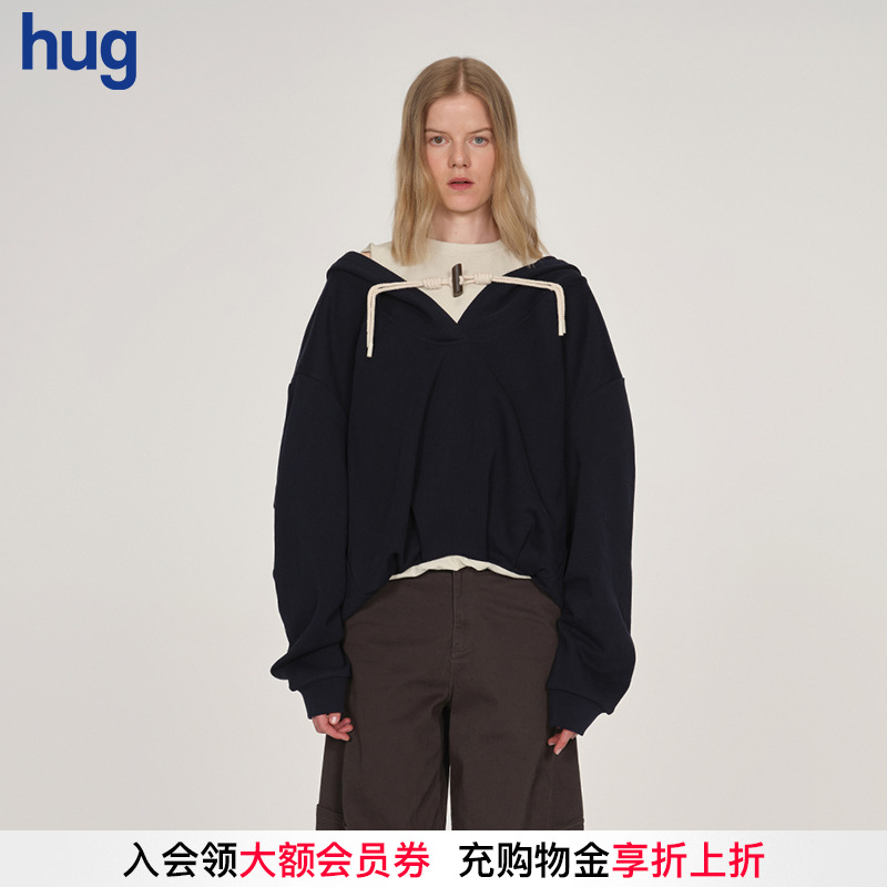 【ICE DUST】hug 2025秋冬新款长袖纯色连帽假两件套头卫衣