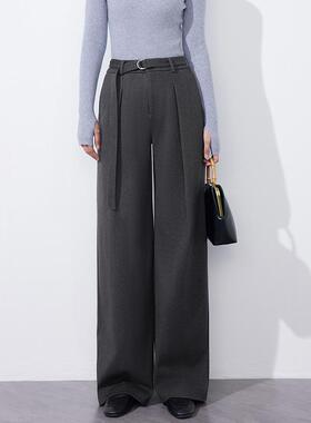 灰色羊毛阔腿裤女秋冬新款格雷系直筒加厚弯刀裤高腰显瘦毛呢西裤