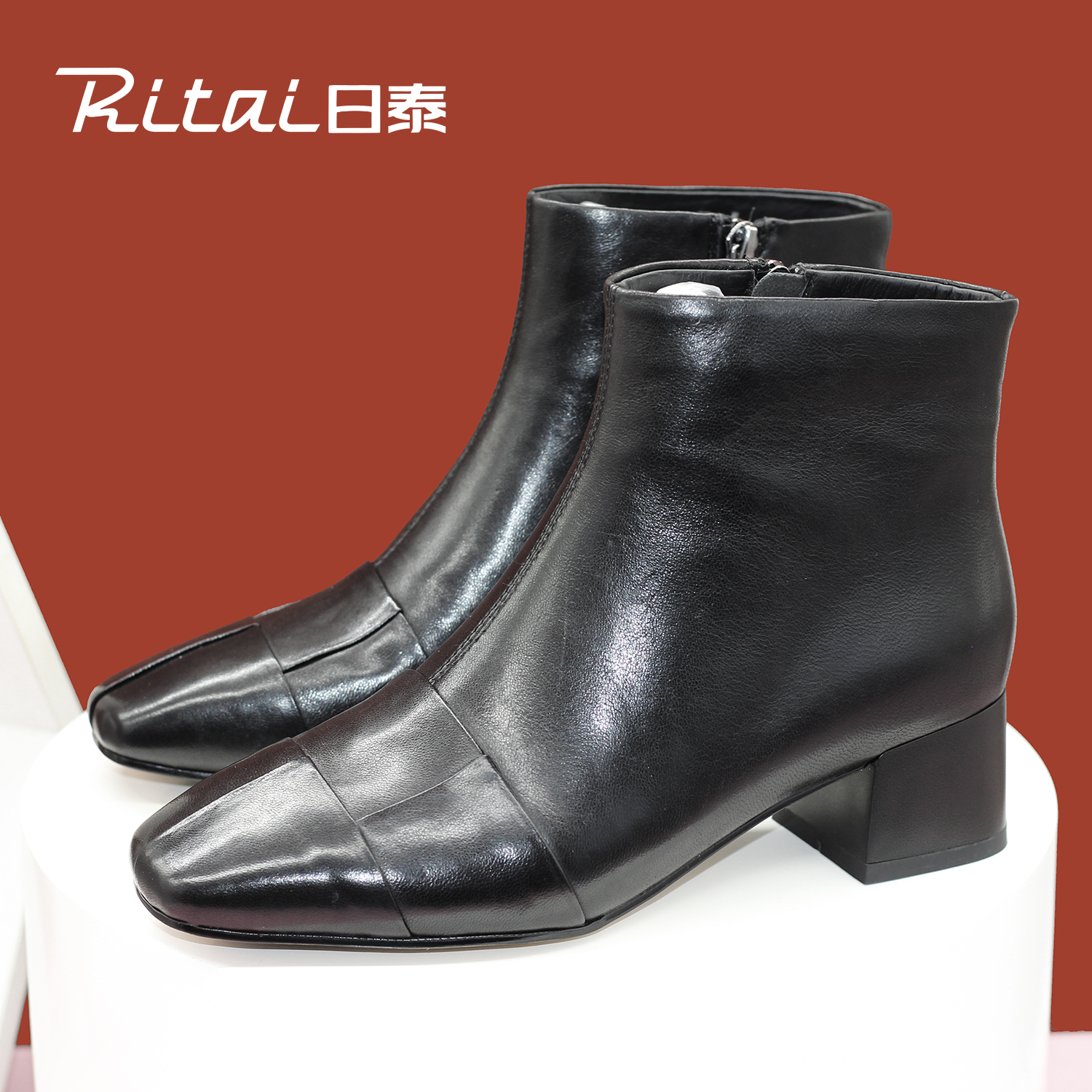 日泰粗跟短靴英伦风真皮方头