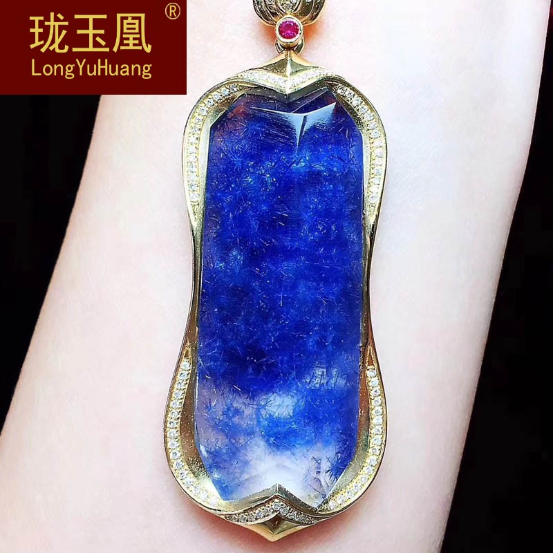 天然蓝发晶平安无事牌吊坠 蓝发晶花裸石吊坠项坠毛衣链