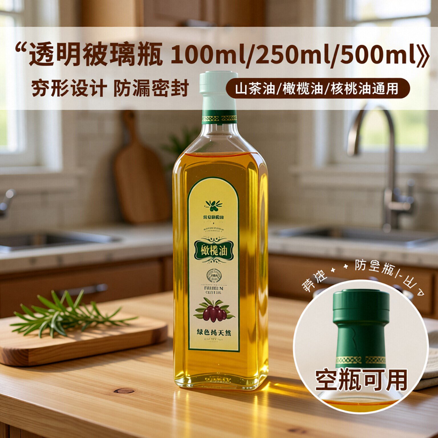 透明100ml250ml500ml山茶油瓶玻璃瓶 方形橄榄油瓶核桃油瓶空瓶子