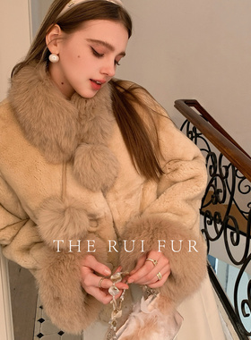 【TR】“日不落”进口雷克斯獭兔毛拼狐狸毛皮毛一体皮草外套女