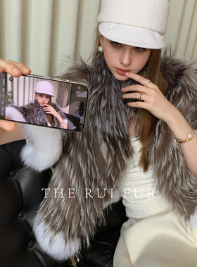 【TR】“贵夫人”夹革工艺银狐狸毛斗篷披肩新款皮草外套不臃肿女