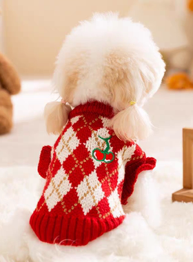 秋冬宠物狗狗衣服红色樱桃毛衣猫咪新年两脚衣小型犬飞袖比熊泰迪