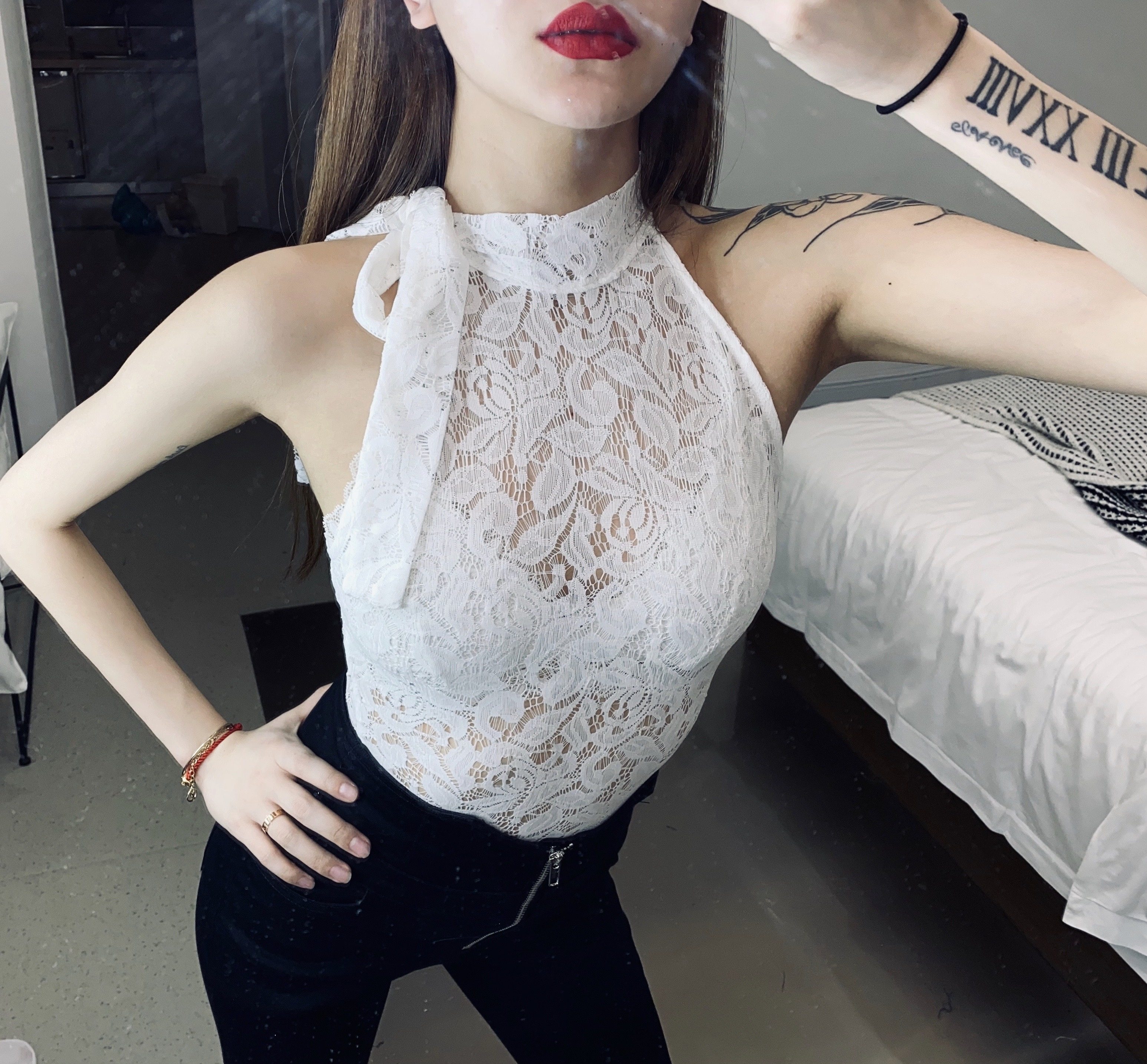 【db queen原创】mandala设计绑带挂脖性感弹力透视蕾丝连体背心