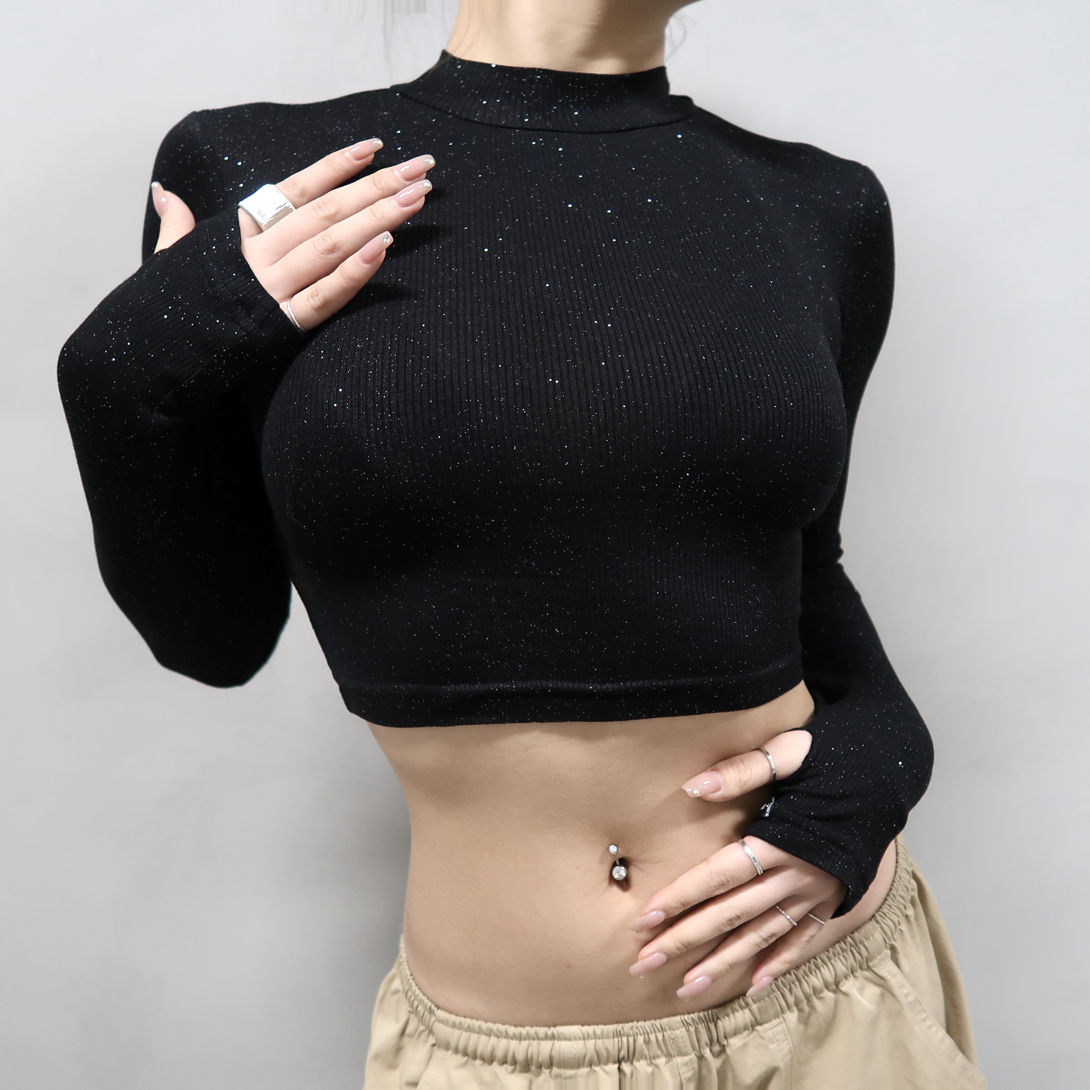 【DB QUEEN原创】MANDALA设计烫银细闪针织修身短款弹力长袖上衣